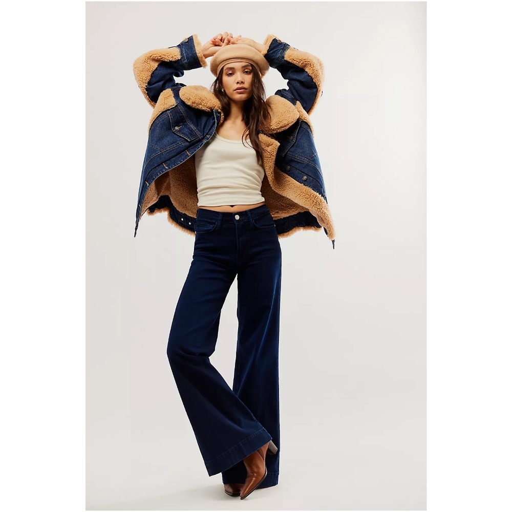 FREE PEOPLE Holly Cozy Denim Jacket sz M Women's Faux Shearling Fur Jean - Picture 7 of 10